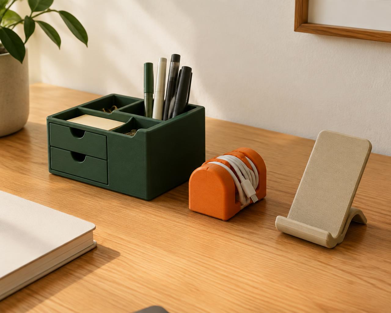 3D-printet skuffeorganizer, kabelholder og telefonholder på et skrivebord
